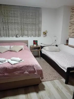 a bedroom with two beds and a window at Apartman i Studio Nikolas in Soko Banja