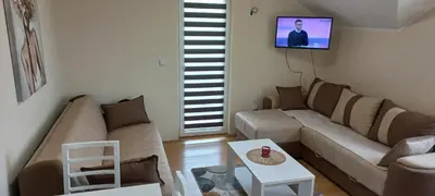 a living room with a couch and a tv on a wall at Studio Isidora in Vrnjačka Banja