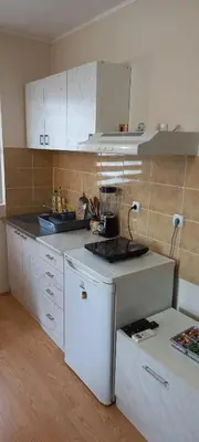 a kitchen with white cabinets and a blender on the counter at Studio Isidora in Vrnjačka Banja