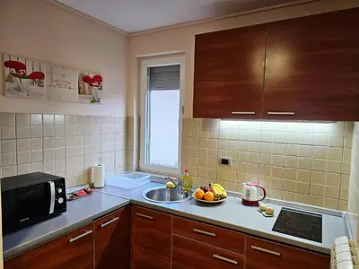 a kitchen with a sink and a microwave at Apartmani TRIO in Vrnjačka Banja