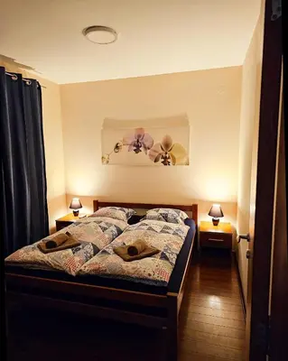 a bedroom with a bed with two lamps on it at Apartmani TRIO in Vrnjačka Banja