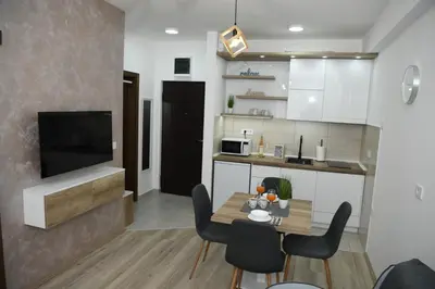 a kitchen and living room with a table and chairs at Apartman Zara - free private parking - in Jagodina