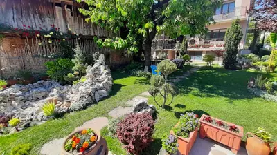 a garden with plants and flowers in a yard at Apartman 2 Miljković in Soko Banja