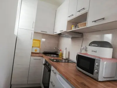 a small kitchen with white cabinets and a microwave at Mali Raj in Soko Banja
