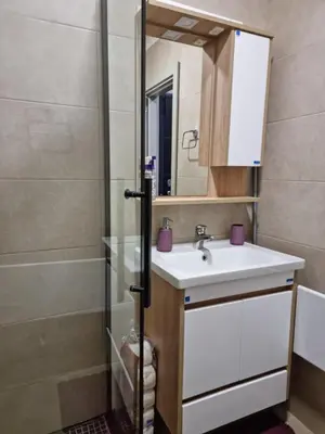 a bathroom with a sink and a shower at Apartman 
