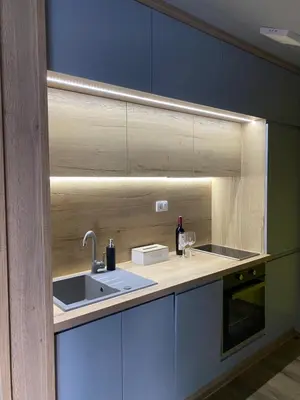 a kitchen with a sink and a counter with a light at Iris Apartment in Vrnjačka Banja
