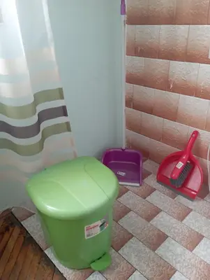 a green toilet sitting in the corner of a bathroom at Apartman Miki Jovanović in Pirot