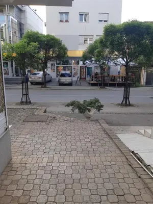 a cobblestone street in a city with cars on the road at Apartman STEVAN Vrnjačka Banja in Vrnjačka Banja
