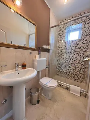 a bathroom with a sink and a toilet and a shower at International Inn in Paraćin