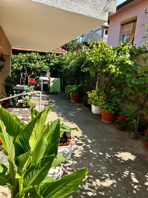 a garden with potted plants and a table in a building at Apartman TADIJA Niš in Donja Vrežina