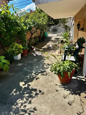 a patio with potted plants and a bench in a yard at Apartman TADIJA Niš in Donja Vrežina