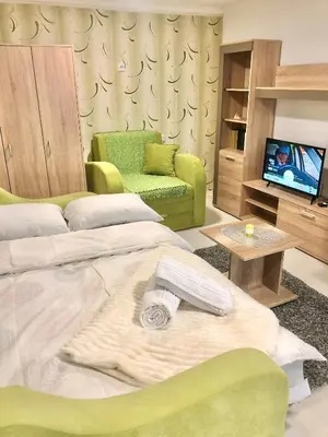 a living room with a bed and a couch and a tv at Apartman TADIJA Niš in Donja Vrežina