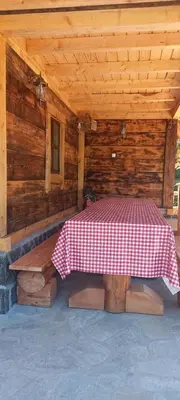 a table with a red and white checkered table cloth in a cabin at Vila Golija in Raška