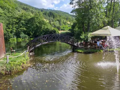 a bridge over a body of water with a fountain at Vila Golija in Raška