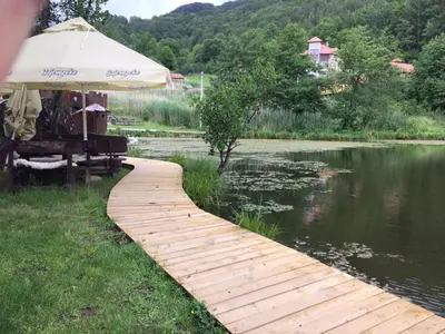 a wooden bridge over a pond with an umbrella at Vila Golija in Raška