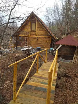a wooden staircase leading to a log cabin at Vila Golija in Raška