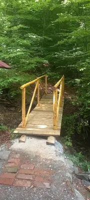 a wooden bridge in front of a green bush at Vila Golija in Raška