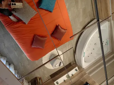 a glass wall with pillows on a bed in a room at Apartman OGLEDALO in Zaječar