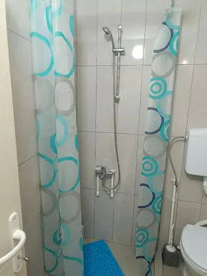 a shower with a blue and white shower curtain in a bathroom at Vila Jovana A in Rogljevo