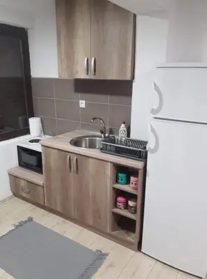 a kitchen with a sink and a refrigerator at Apartmani Damjan Vlasinsko jezero in Surdulica