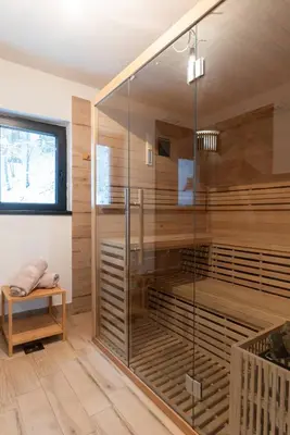 a sauna with a glass shower in a room at Casa Montana in Kopaonik