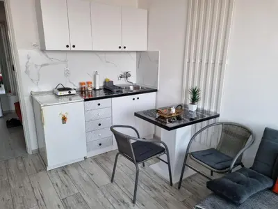 a small kitchen with a table and chairs and a counter at CENTRAL in Kruševac