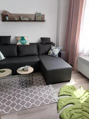 a living room with a black couch and two tables at apartman TARA aqua park in Jagodina