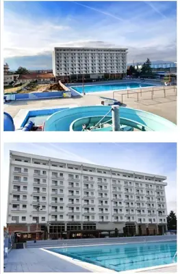 two pictures of a building and a swimming pool at apartman TARA aqua park in Jagodina
