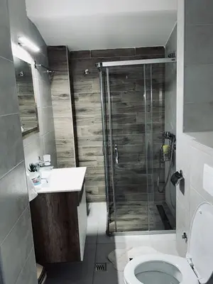 a bathroom with a shower and a toilet and a sink at Riverside apartment with private parking in Niš