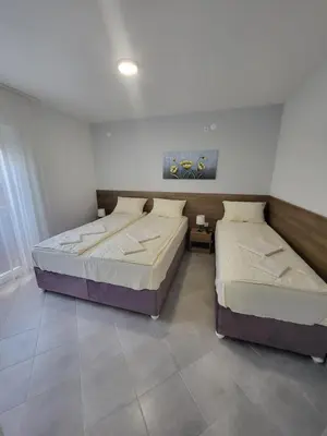 two beds sitting in a room with at Vila Pčelica Petra in Soko Banja