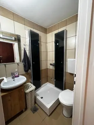 a bathroom with a sink and a shower and a toilet at Sailboat Apartment in Niš