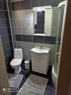 a bathroom with a sink and a toilet and a mirror at Mila lux in Niš