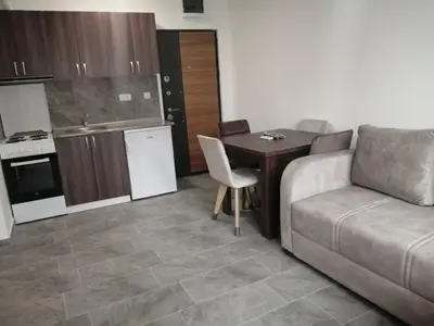a living room with a couch and a table and a kitchen at Apartman Jela in Soko Banja