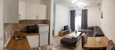 a kitchen and a living room with a couch at Aqua Lux Apartman in Jagodina