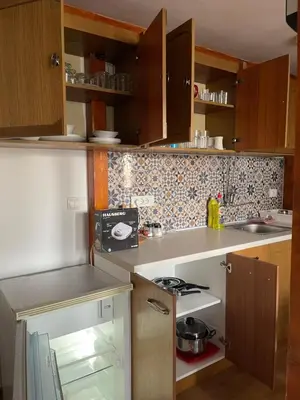 a small kitchen with wooden cabinets and a stove at Rustic Villa in Jagodina