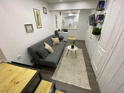 a living room with a couch and a table at Queen Apartmančić in Zaječar