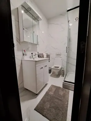 a bathroom with a sink and a shower and a toilet at Apartman Imperator Vrnjačka Banja in Vrnjačka Banja