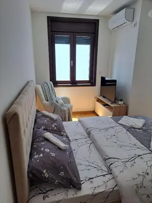 a bedroom with two beds and a couch and a television at Apartman Imperator Vrnjačka Banja in Vrnjačka Banja