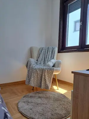 a chair in a room with a rug and a window at Apartman Imperator Vrnjačka Banja in Vrnjačka Banja