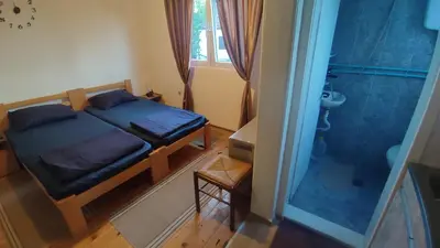 a small bedroom with a bed and a shower at Soba Soko in Soko Banja