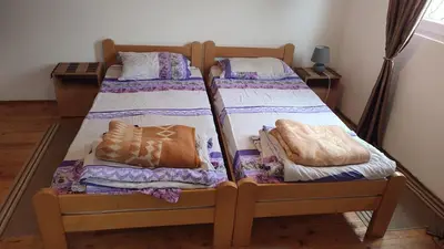 two twin beds in a room with at Soba Soko in Soko Banja