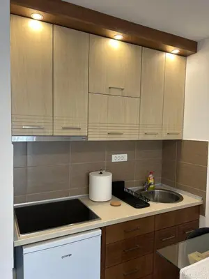 a kitchen with wooden cabinets and a sink at Apartman Sunce in Vrnjačka Banja