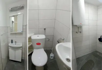 two pictures of a bathroom with a toilet and a sink at Жути Ранац - Žuti Ranac - Yellow Backpack in Boljevac