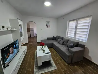 a living room with a couch and a tv at Apartmani Bambi 2 in Soko Banja