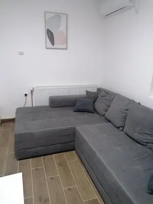 a large gray couch in a living room at Apartmani Bambi 2 in Soko Banja