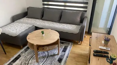 a living room with a couch and a table at Apartman Ružica Sokobanja in Soko Banja