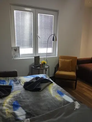 a bedroom with a bed and a chair and windows at MAFI AS APARTMAN in Soko Banja