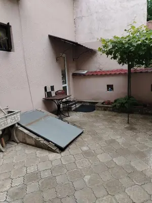 an empty patio with a table and a tree at Prenoćiste Živković in Pirot