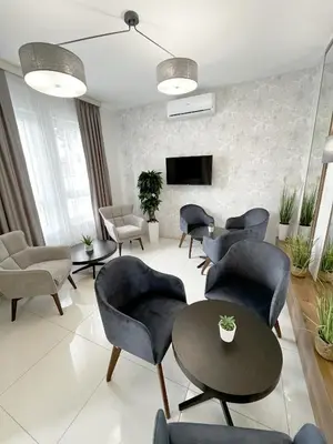a living room with chairs and a table and a tv at ĆAKA Luxury Rooms & Restaurant in Ćuprija