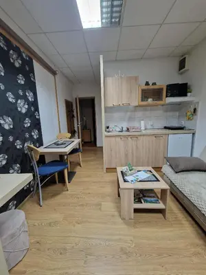 a living room with a couch and tables and a kitchen at Apartment Čolović in Raška
